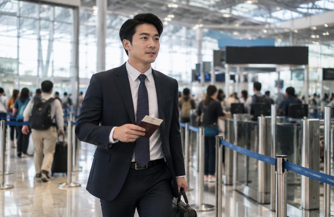 นักธุรกิจถือหนังสือเดินทางและบัตร ABTC เดินไปยังช่องทางพิเศษที่สนามบิน