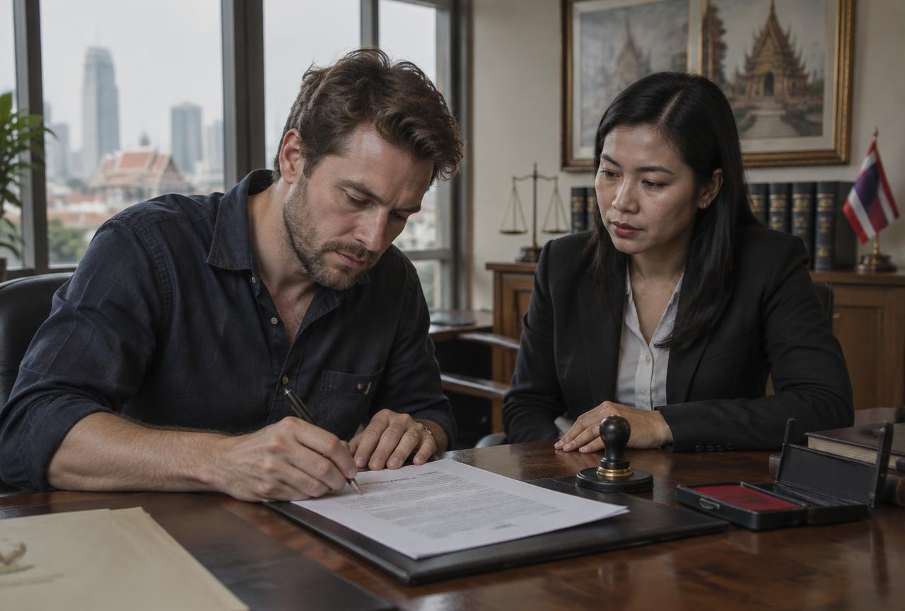 A declarant signing a statement before a lawyer in Bangkok
