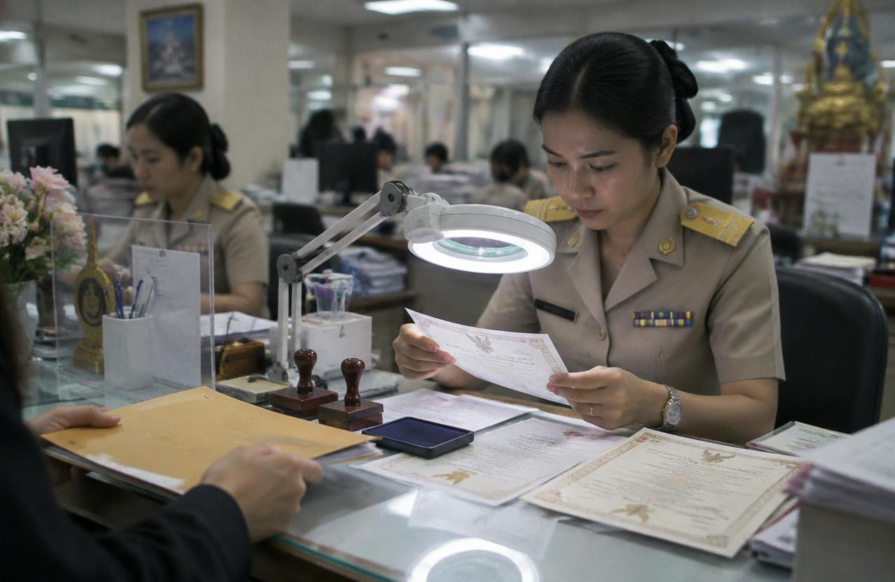 Officer checking documents at a certification counter in Bangkok