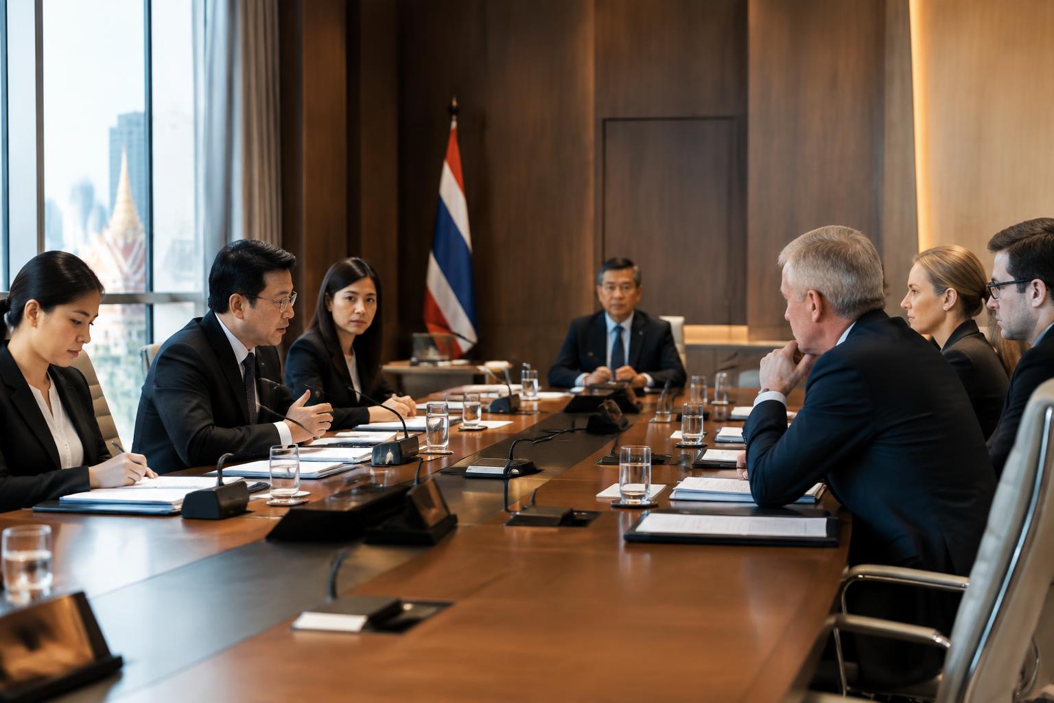 ห้องประชุมอนุญาโตตุลาการในกรุงเทพฯ ผู้แทนธุรกิจไทยและต่างประเทศนั่งประจันหน้ากันที่โต๊ะประชุม