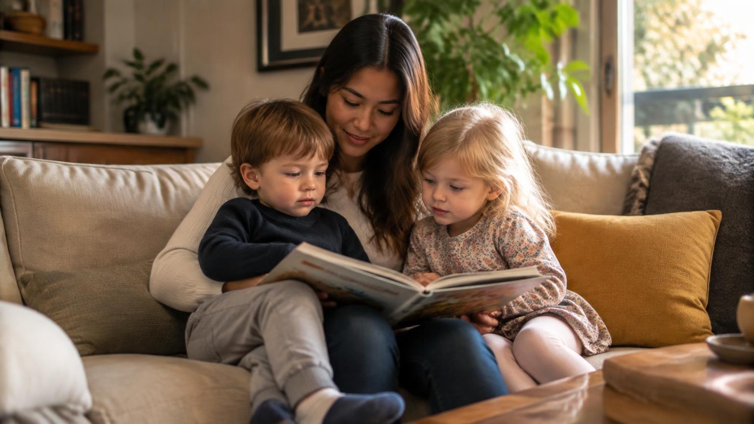 Au Pair ชาวไทยอ่านนิทานให้เด็กเล็กสองคนฟังบนโซฟา