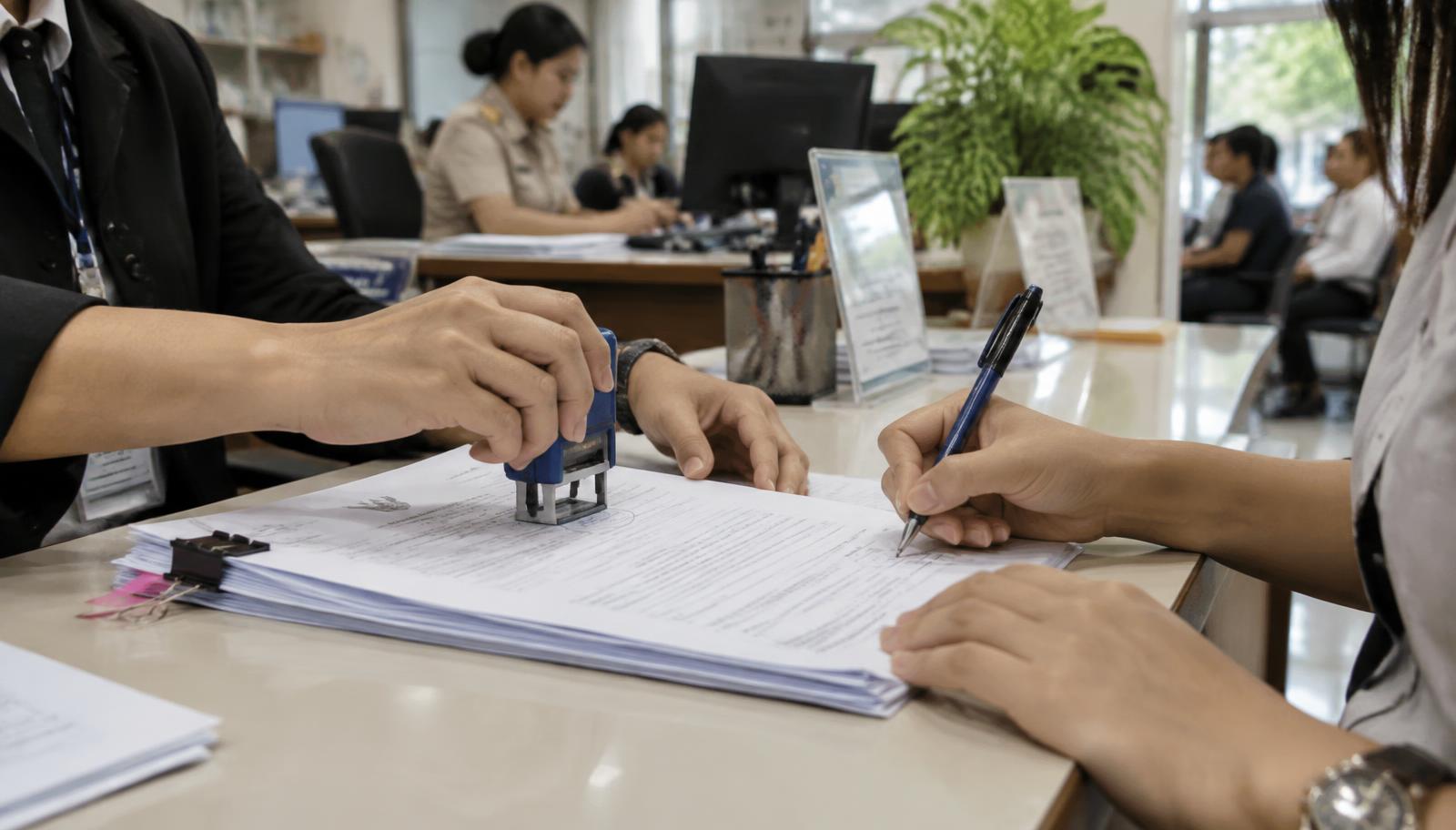 เจ้าหน้าที่ประทับตราและลงนามเอกสารคำขอจดทะเบียนที่เคาน์เตอร์บริการ