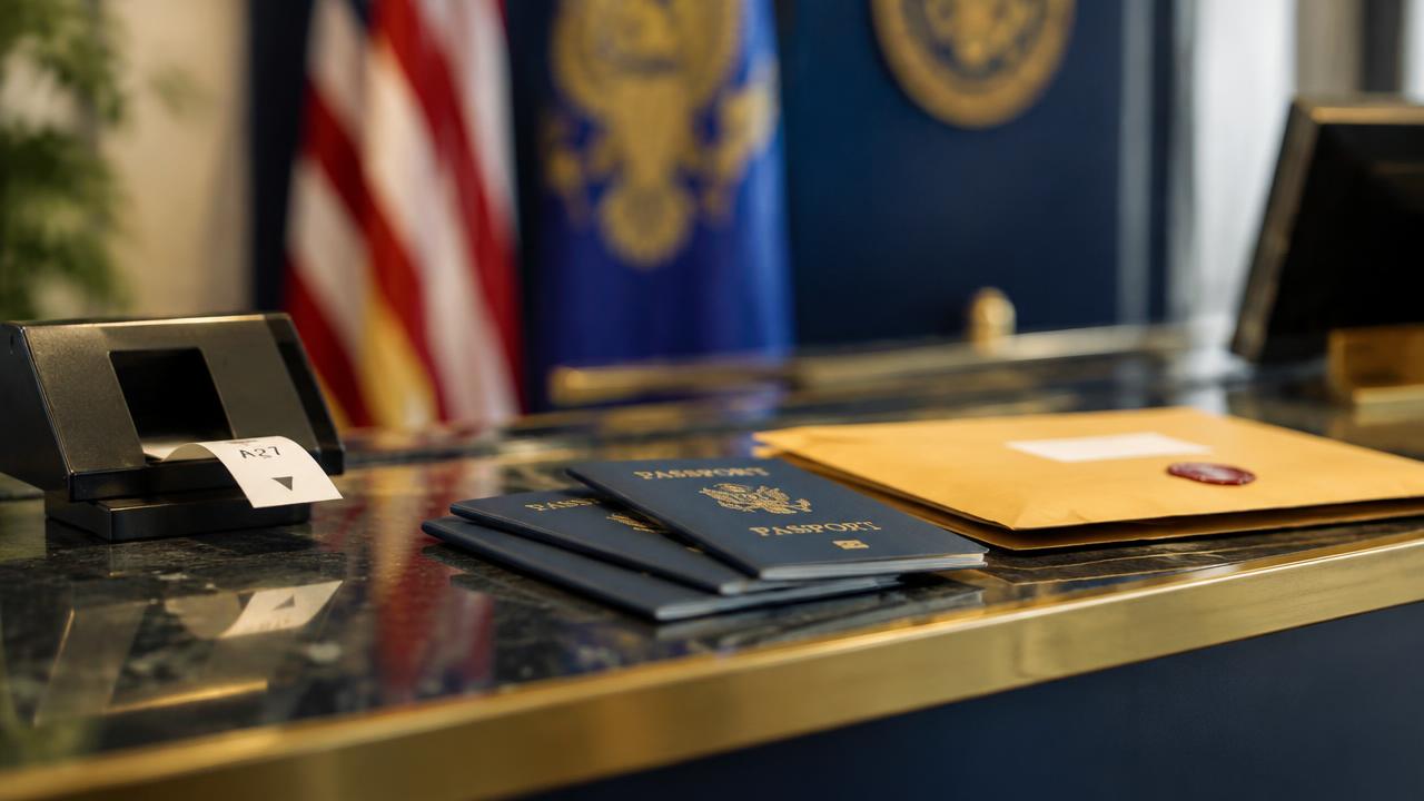 Passports and medical document envelopes at a consular counter