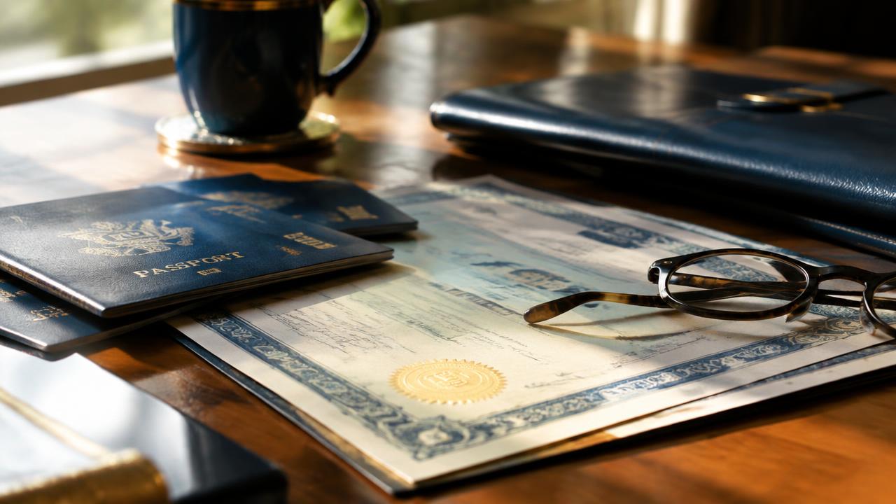 Estate documents and family passports on a wooden table