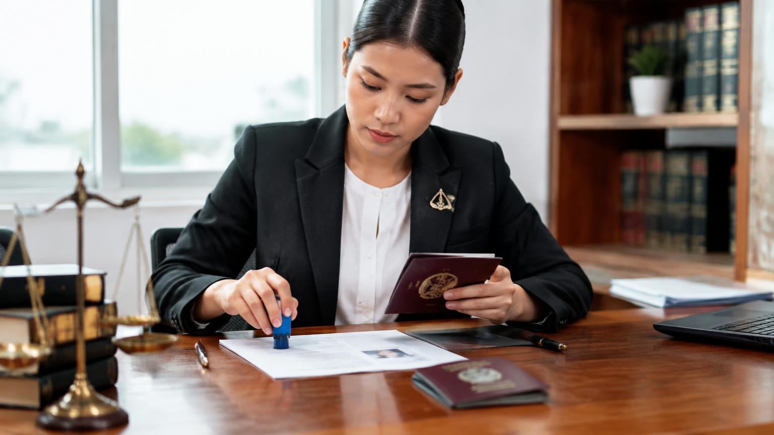 A lawyer comparing an original passport with a photocopy before stamping it