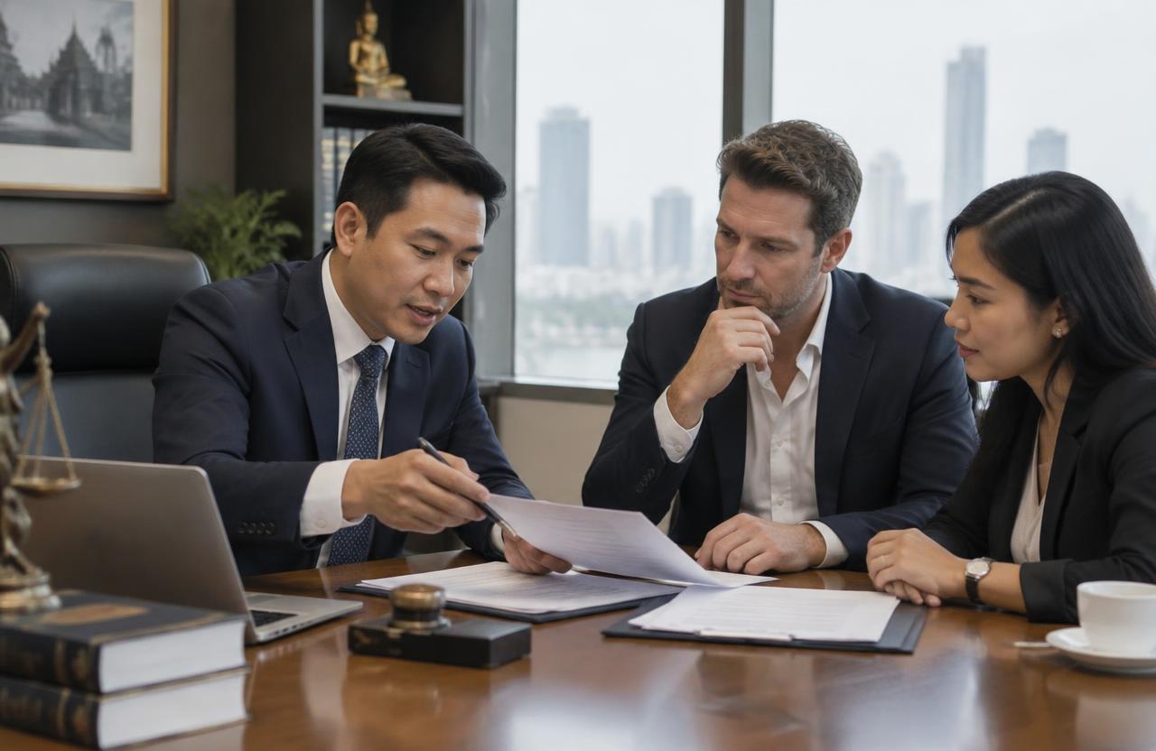 ทนายความอธิบายเอกสารจัดตั้งบริษัทให้ผู้ถือหุ้นไทยและต่างชาติ / Lawyer reviewing incorporation papers with Thai and foreign shareholders