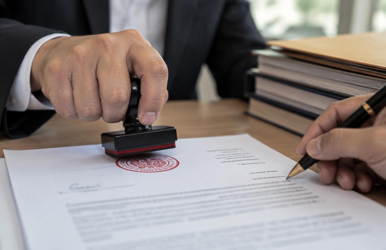 Director signing and sealing company papers before certification for use abroad