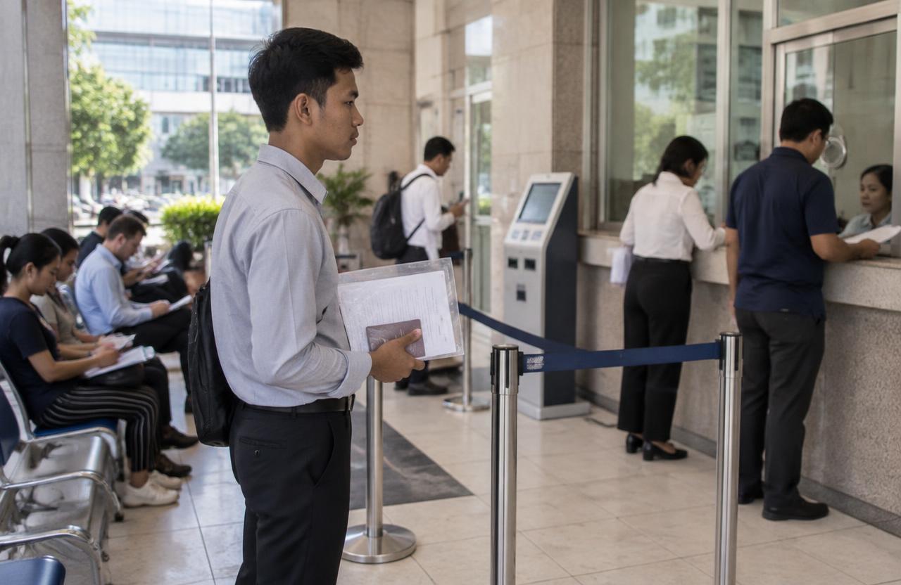 Staff member waiting with a document folder at an embassy legalisation window in Bangkok