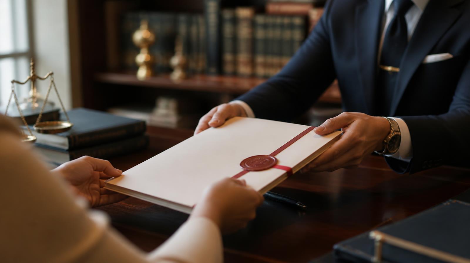 ทนายความของ Thai Notary Law and Service กำลังส่งมอบเอกสารรับรองปิดผนึกให้ลูกค้าที่สำนักงานกรุงเทพฯ