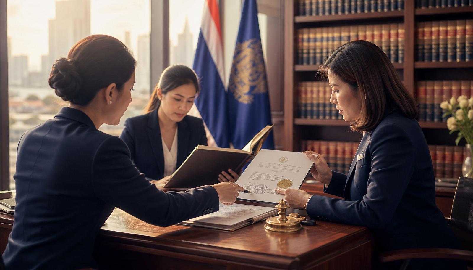 Thai Notary Law and Service attorney team reviewing a notarial certificate with a brass notary seal inside a premium Bangkok legal office