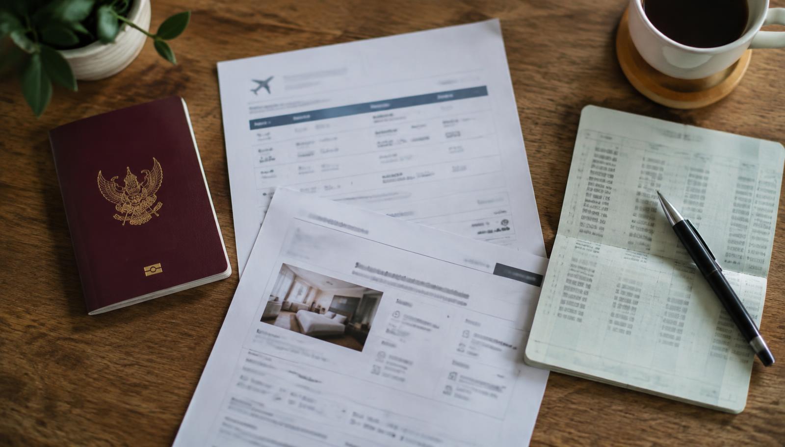 หนังสือเดินทางไทย ใบจองตั๋วเครื่องบิน ใบจองโรงแรม และสมุดบัญชีธนาคารบนโต๊ะไม้