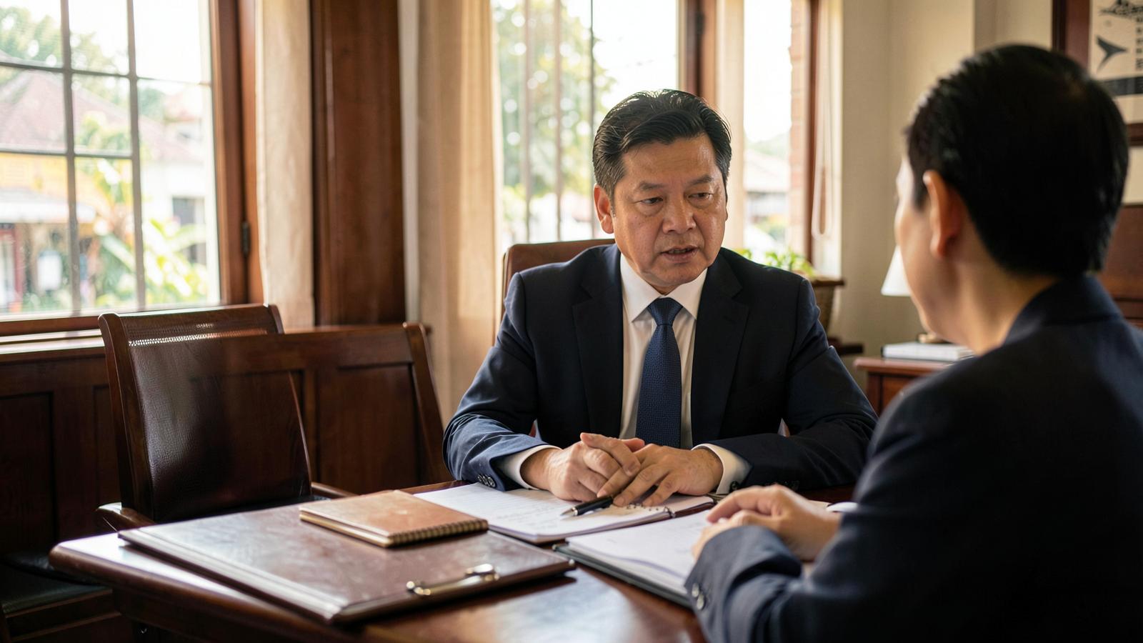 ทนายความอธิบายทางเลือกทางกฎหมายให้ลูกความฟังที่โต๊ะปรึกษา