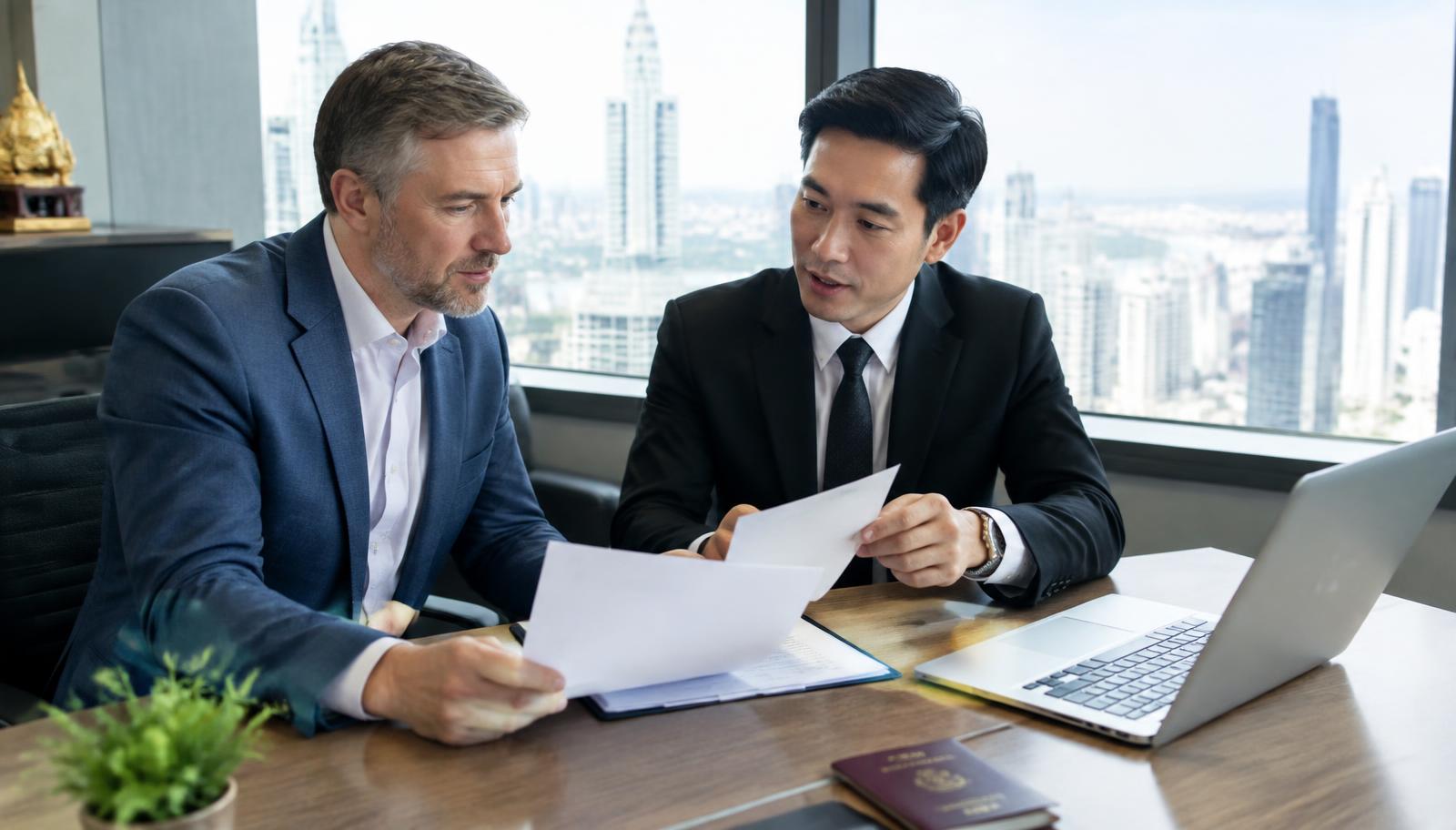 ชาวต่างชาติวัยทำงานตรวจเอกสารวีซ่าพำนักระยะยาวร่วมกับที่ปรึกษาชาวไทยในสำนักงานกรุงเทพฯ