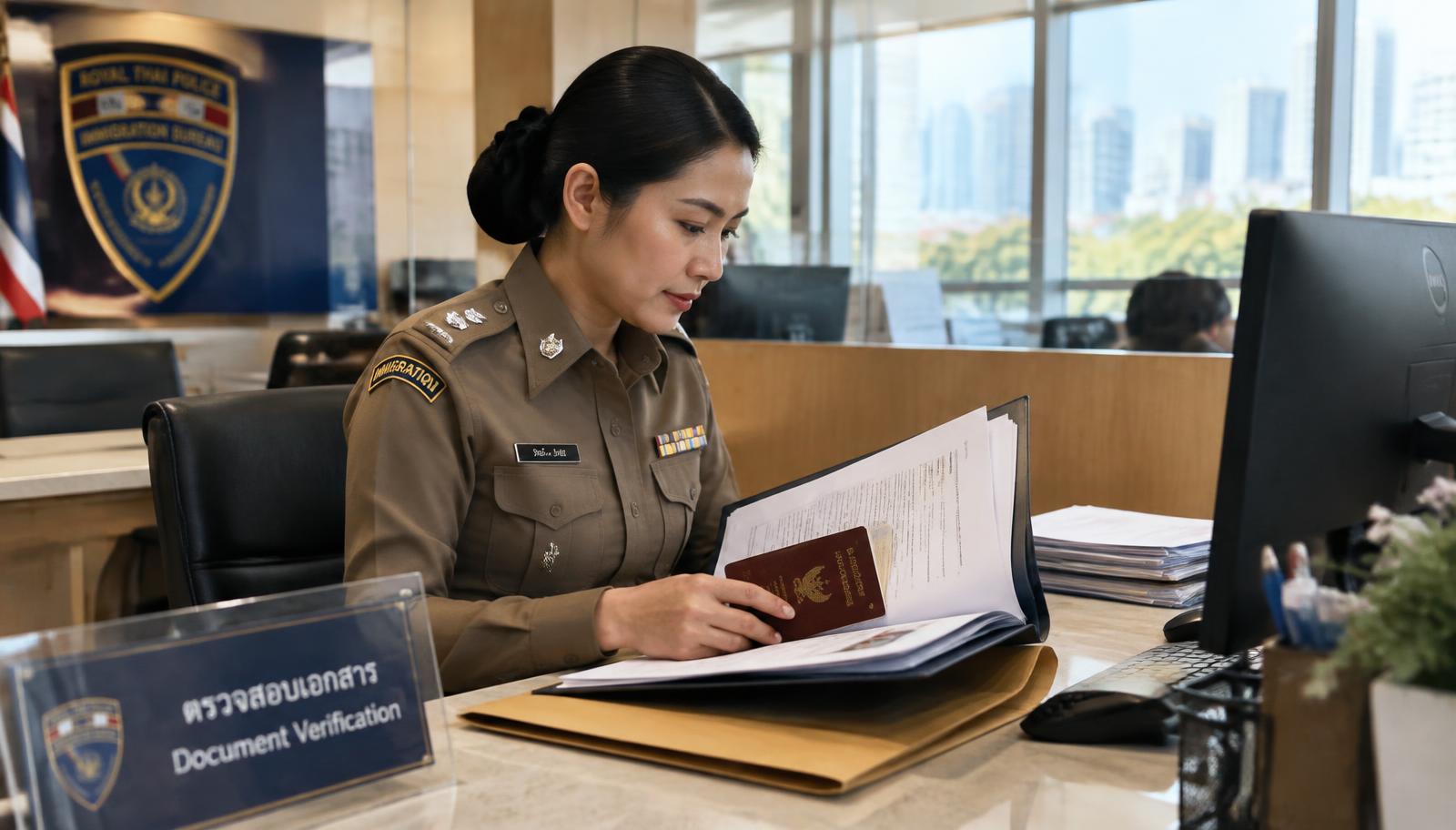 เจ้าหน้าที่สำนักงานตรวจคนเข้าเมืองกำลังตรวจสอบแฟ้มคำขอถิ่นที่อยู่ถาวรพร้อมหนังสือเดินทาง