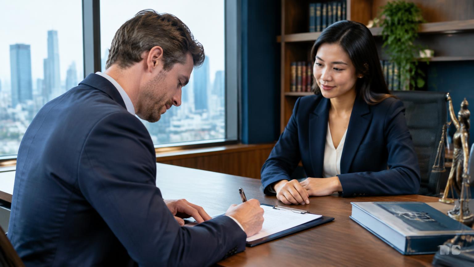 A foreign client signing a power of attorney in front of a lawyer in Bangkok