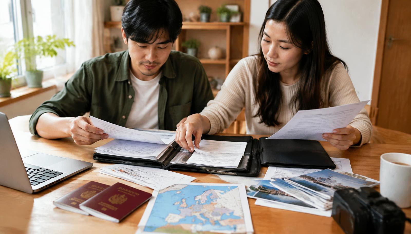 คู่รักไทยจัดแฟ้มเอกสารวีซ่าเชงเก้น หนังสือเดินทาง ใบจองที่พัก และแผนที่ยุโรปบนโต๊ะไม้