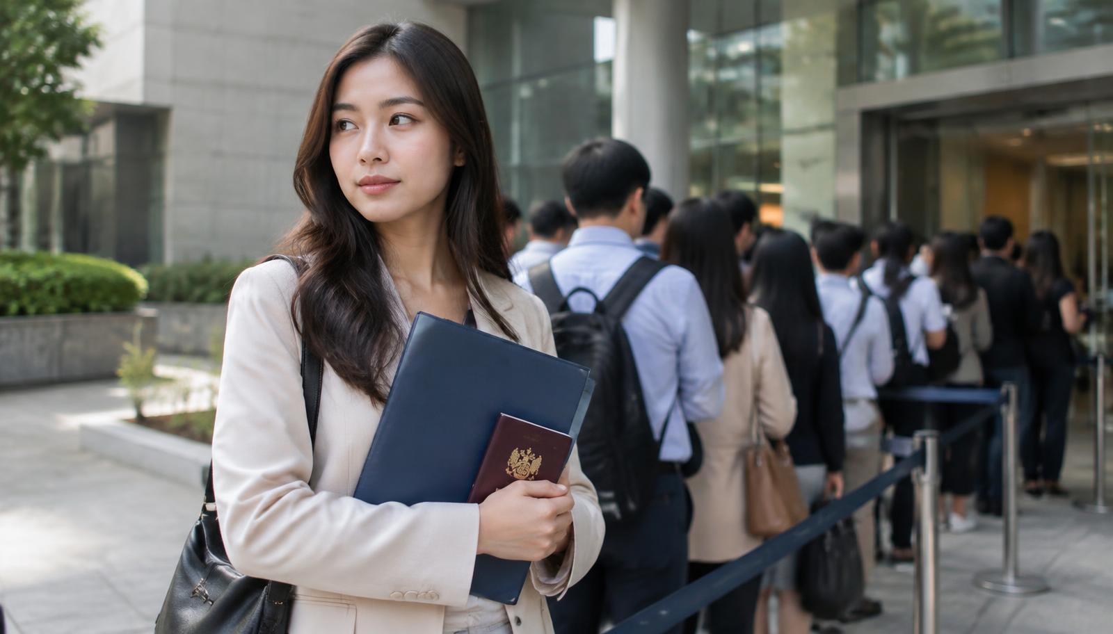 หญิงไทยถือแฟ้มเอกสารและหนังสือเดินทางรอคิวสัมภาษณ์วีซ่าหน้าอาคารสถานทูตในกรุงเทพฯ