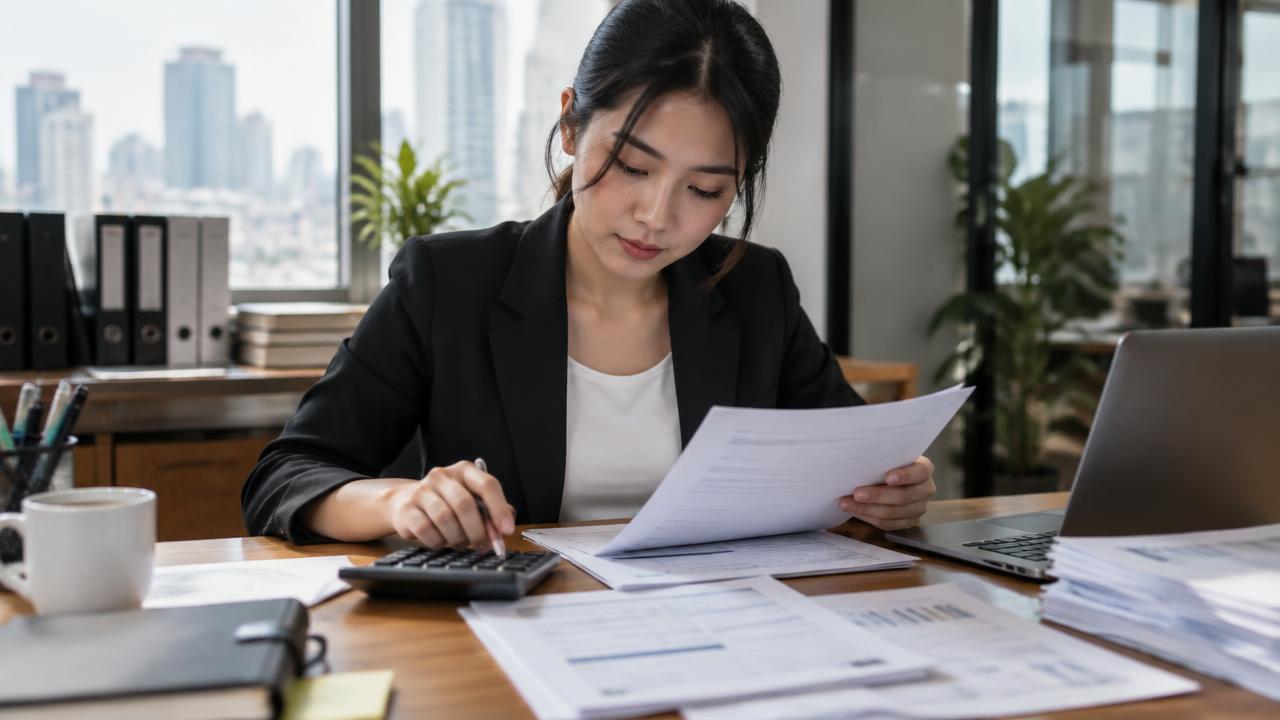 Accountant reviewing tax invoices before a PP.30 filing